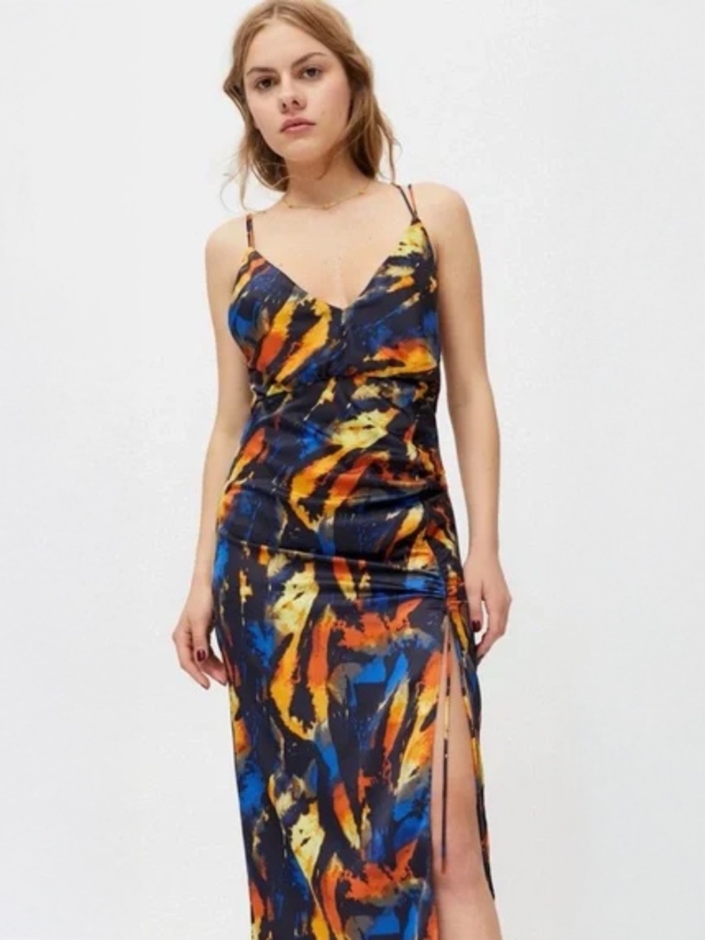 Urban Outfitters Blue Painterly Ruched Satin Slip Midi Dress XS